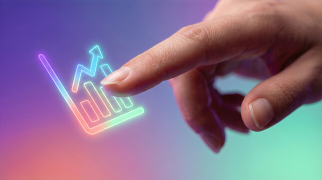 Finger touching glowing bar chart and growth arrow on gradient background. Business finance investment analytics and kpi performance tracking for market trend increase and revenue strategy success