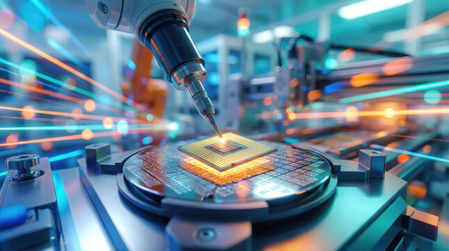 Robotic arm probe bonding glowing microchip processor on silicon wafer in futuristic semiconductor fabrication facility with motion blur light trails. Advanced nanotechnology chip manufacturing