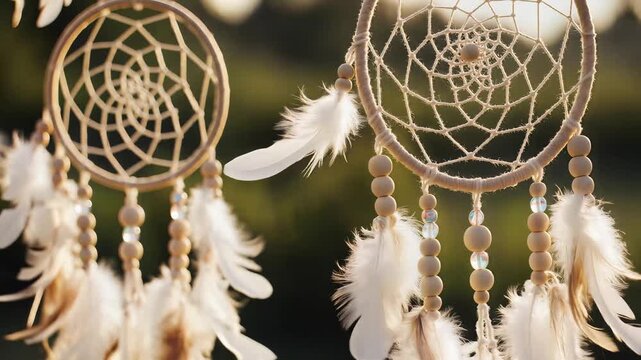 Closeup of Two Dreamcatchers Hanging Outdoors with Soft Bokeh Background.
