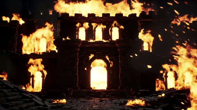 Flaming stone fortress at night