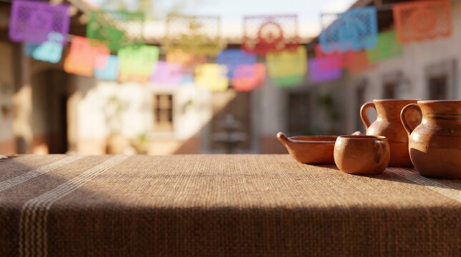 Clay pots and bowl on table with colorful flags in background outdoors