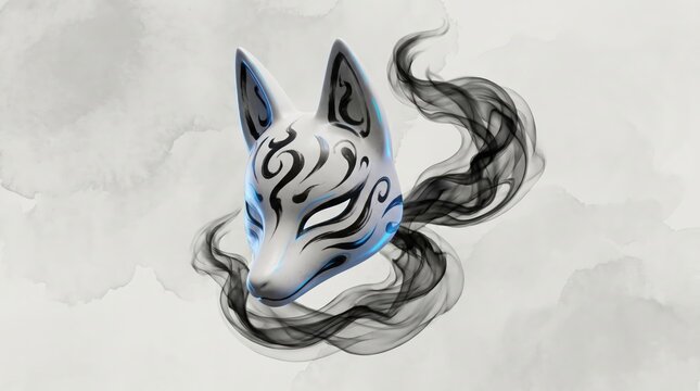 Stylized Japanese Kitsune Fox Mask with Black Spirit Smoke on Abstract Ink Background.