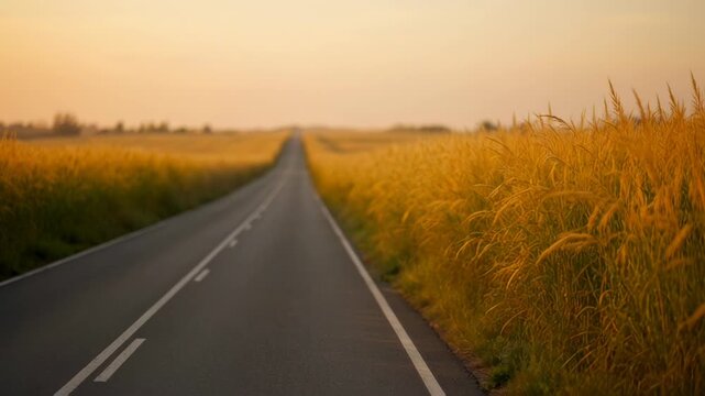 Long asphalt road stretching through golden fields at sunset