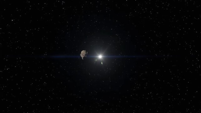 Single asteroid tumbling in endless starry space with glowing lens flare, representing cosmic exploration, celestial bodies