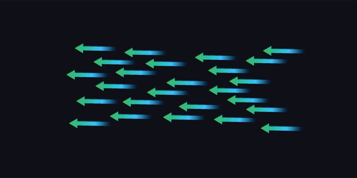 A visual representation of opposing forces or directions, with a group of glowing teal arrows moving left on one side and right on the other, against a dark background.