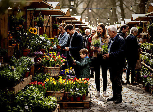 Diverse people of all ages browsing vibrant outdoor community plant market with flowers and greenery on display