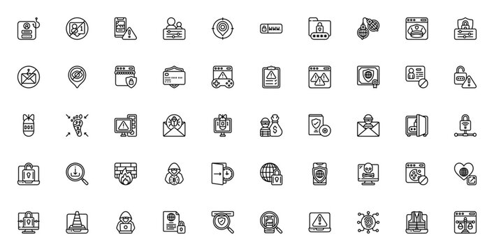 Internet Safety icon set. Minimal thin line vector pack. Includes phishing, friend request, smartphone, encrypted, web browser, cyber attack, firewall, hacker, padlock, safe, email and more.
