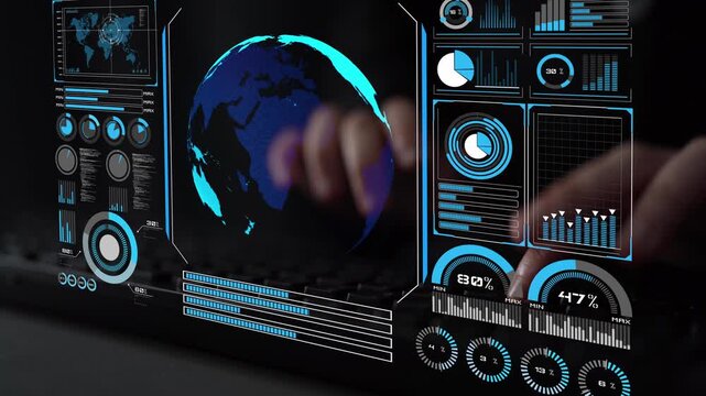 High-tech global network connection interface showing worldwide digital communication, data exchange, and internet connectivity. Global connection, data interaction, and worldwide communication. Thunk