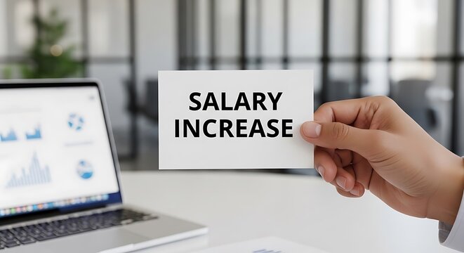 Hand holding a card with the text salary increase in an office setting