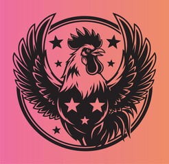 Fototapeta premium Majestic rooster emblem with stars and wings in circular design illustration