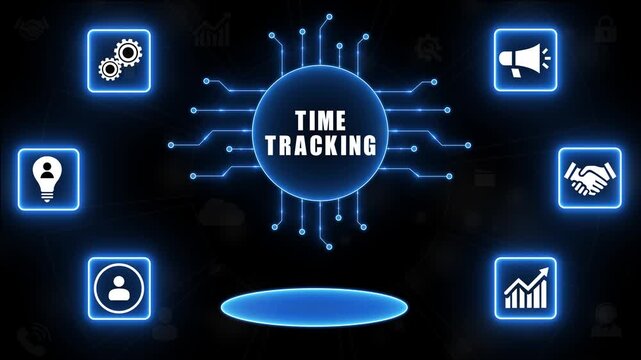 Digital concept of time tracking with glowing icons and central text on dark blue background.4k animation.