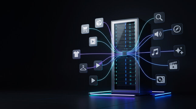 Server rack with digital media and e-commerce icons