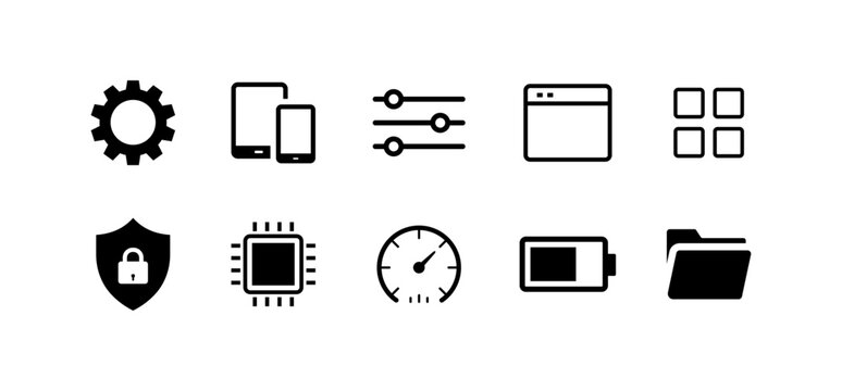 Modern tech UI icons set, minimalist line interface symbols for app and dashboard, gear settings, devices, sliders, window, grid, shield lock, microchip, speedometer, battery, folder. Vector icons