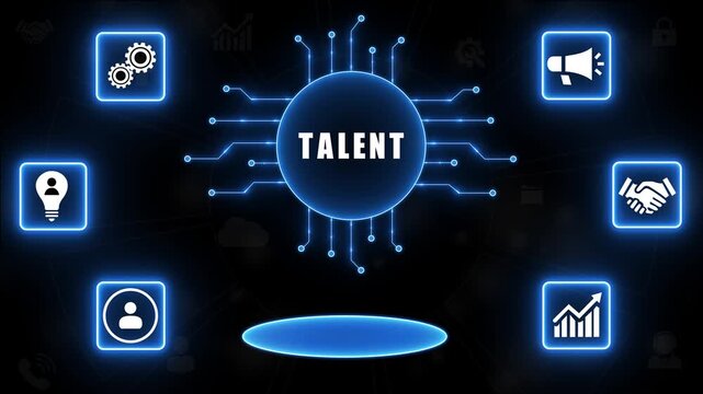 Digital concept of talent with interconnected icons and glowing central hub skill ability.4k animation.