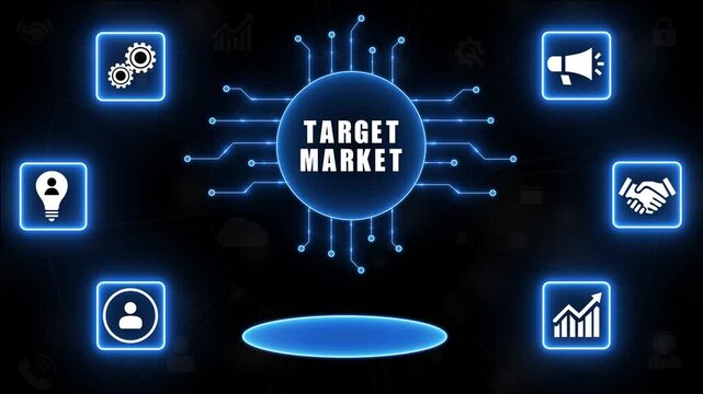 Digital Target Market Concept with Icons and Circuit Board Design marketing business.4k Animation.