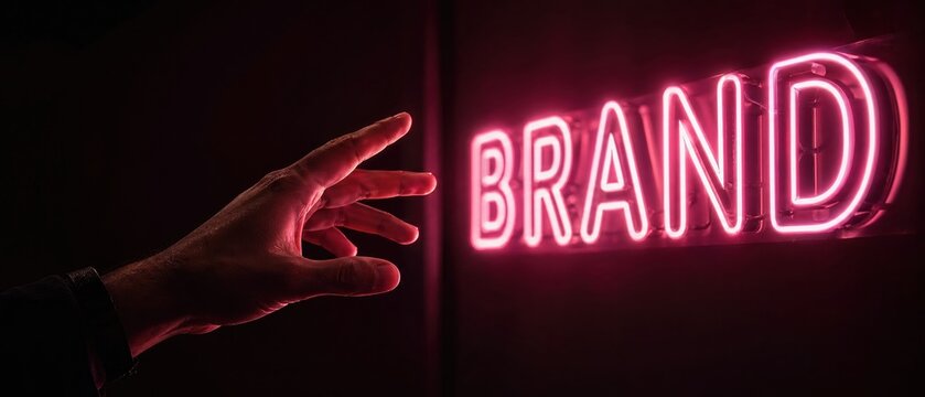Human hand reaching towards a glowing red neon sign spelling the word brand in a dark setting with marketing, identity