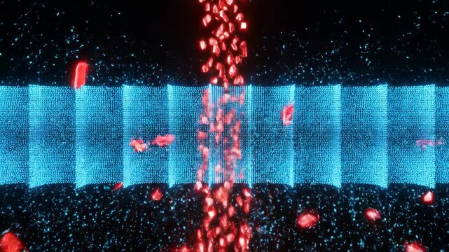 A vibrant, abstract depiction of red and blue particles exploding against a dark background