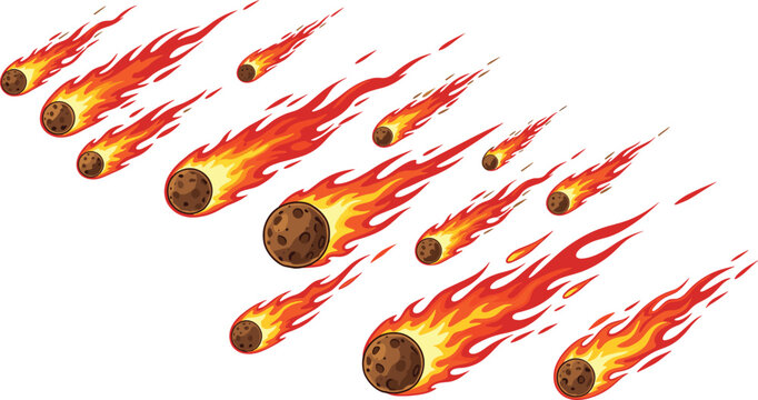 Meteor Fireball Set with Flaming Asteroids and Burning Space Rocks Dynamic Comet Illustration for Sci Fi Astronomy Design and Cosmic Impact Concept
