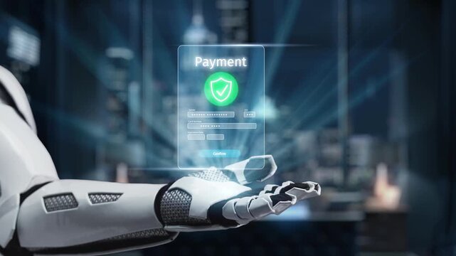 A futuristic robot hand presents a holographic payment interface, showcasing a security shield and various financial icons, symbolizing advanced technology in finance. Auvana