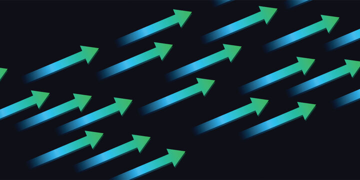 Dynamic green arrows with blue motion trails pointing upwards and right on a dark background, symbolizing progress and speed.