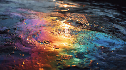 Naklejka premium A vibrant rainbow-colored oil slick shimmers on a wet, dark surface, reflecting light in an abstract, fluid pattern.