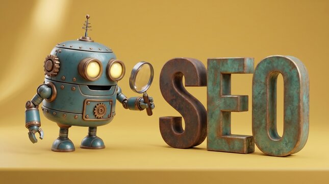 Small vintage style robot holding magnifying glass next to rustic metal SEO letters on a yellow background with internet