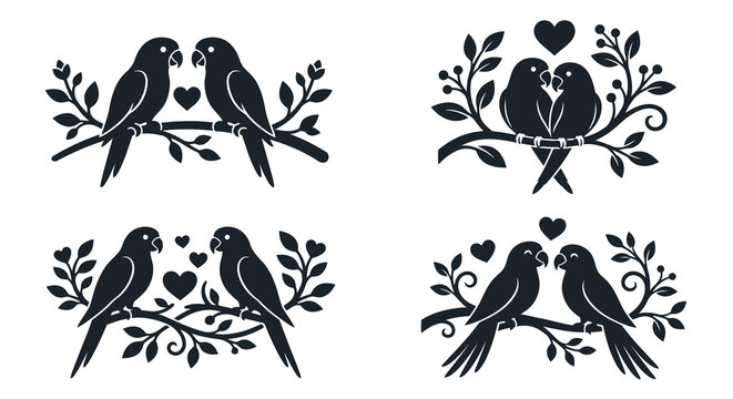 Parrot Silhouette Set with Hearts and Floral Branches Black and White