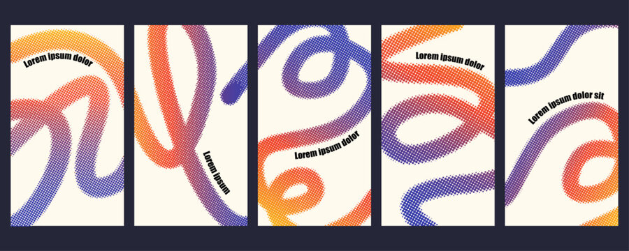Abstract halftone brush stroke poster set with vibrant orange blue and purple gradient curves
