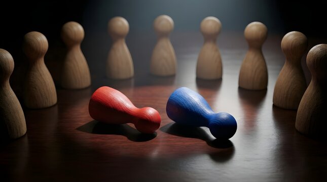 Business Leadership Crisis Concept with Fallen Wooden Figures and Professional Team Standing in Circle