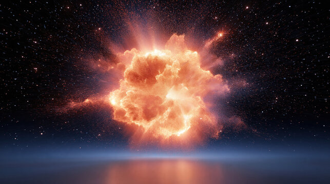 Space explosion with glowing fire cloud surrounded by star field and cosmic dust