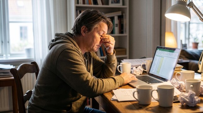 Burnout Remote Worker Working Late at Messy Desk with Laptop and Coffee Cups
