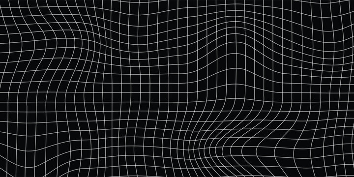 White grid distortion on black background. Waved mesh surface. Net with curvatured effect. Checkered pattern deformation. Bented lattice texture. Vector graphic illustration