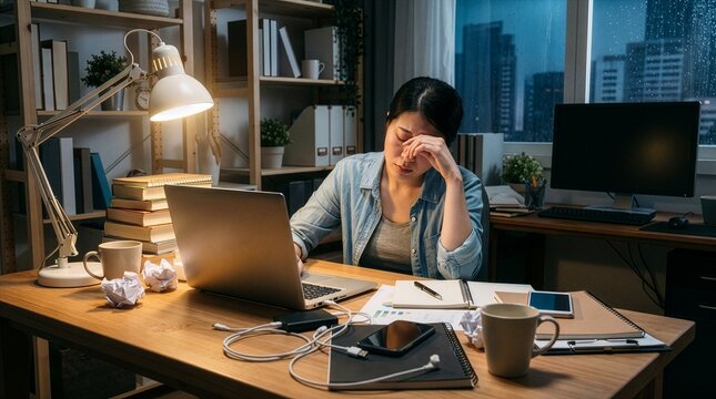 An exhausted remote worker works at a cluttered desk filled with papers.