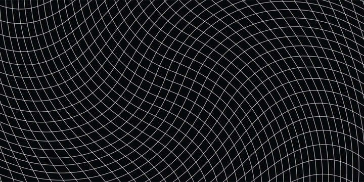 White grid distortion on black background. Waved mesh surface. Net with curvatured effect. Checkered pattern deformation. Bented lattice texture. Vector graphic illustration