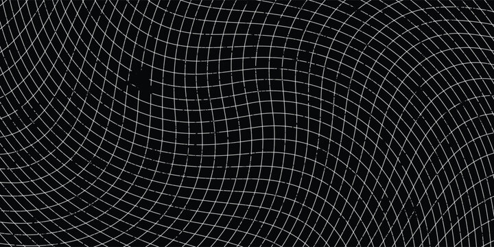 White grid distortion on black background. Waved mesh surface. Net with curvatured effect. Checkered pattern deformation. Bented lattice texture. Vector graphic illustration