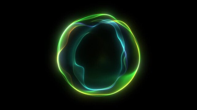 Green neon sphere orb with eco energy glow. Fluid blob form and waveform motion signal. Luminous gradient field in dark space. Dynamic sustainable technology backdrop seamless loop