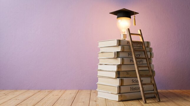 Graduation cap on glowing light bulb atop stack of books with wooden ladder for education success concept, education