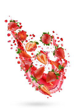 Delicious ripe red strawberry slices, droplets, exploding flows of fresh strawberry juice float in mid-air as motion swirl, isolated. Excellent for design menu, vitamin food, juice label, advertising.