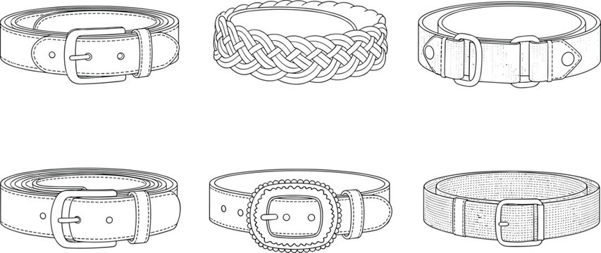 Belt styles collection technical flat sketch set various leather and braided designs with buckles fashion accessory illustration isolated on white