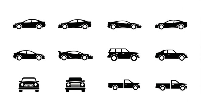 Collection of Silhouetted Cars and Trucks Various Models.