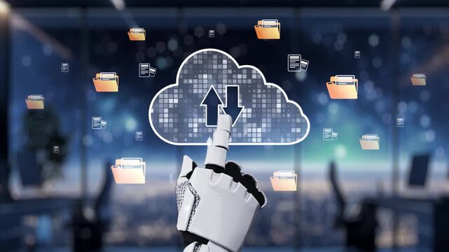 A robotic hand points towards a cloud storage symbol, showcasing data upload with digital folders in a sleek office setting. The video represents modern technology and innovation. Auvana