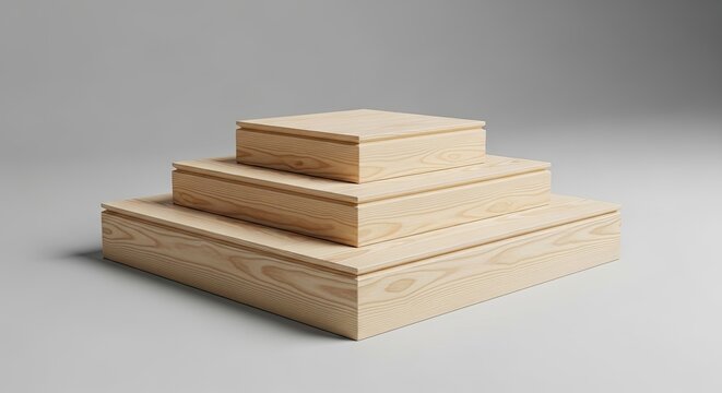 Minimalist three-tiered natural light wood pedestal display stand on a clean gray background for product presentation or showcase.