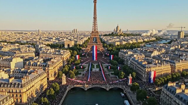 Aerial Drone View of Eiffel Tower with French Flags in Paris