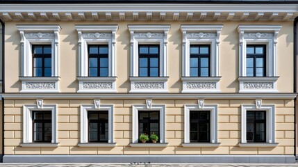Obraz premium Classical building facade with decorative windows and architectural details