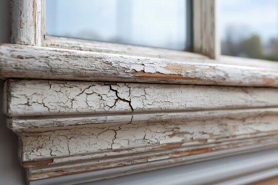 Peeling paint on old weathered window frame