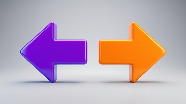 Two contrasting arrows in purple and orange point in opposite directions on a plain background symbolizing choices and decisions