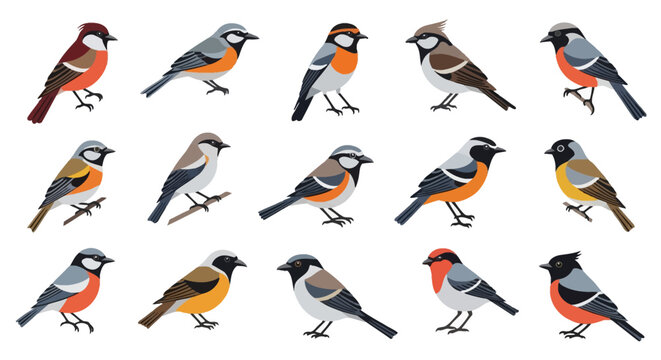 Set of fifteen colorful flat style songbird vector illustrations featuring diverse small avian species like sparrows and finches with orange, red, and blue plumage on white background.