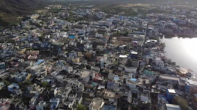 4K - Beautiful morning Droneshot of Pushkar town and lake in Rajasthan which has the only one Brahman Temple in India