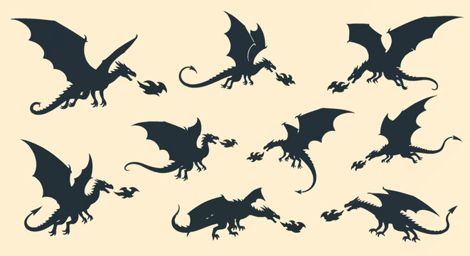 Set of nine black dragon silhouettes in various flying poses breathing fire. Detailed mythical creature shapes featuring large wings, long tails, and flames on a plain background.