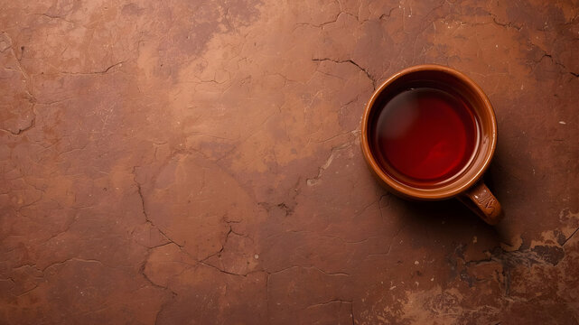 A single ceramic cup filled with dark tea resting on a textured and cracked rustic brown surface